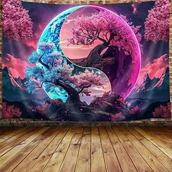 Tree Life Tapestry Aesthetic, Colorful Pink Flowers Sun and Moon Art Tapestry Wall Hanging for Girls Bedroom, Cool Nature Galaxy Yin Yang Anime Tapestries Poster of Dorm Home Decor 60X40 Inches