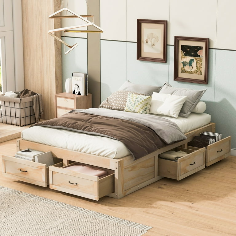 Full Size Platform Bed with 6 Drawers Minimalist Storage Bed Wooden Bed Frame with Slats Support Noise Free No Box Spring Needed Antique Natural Walmart