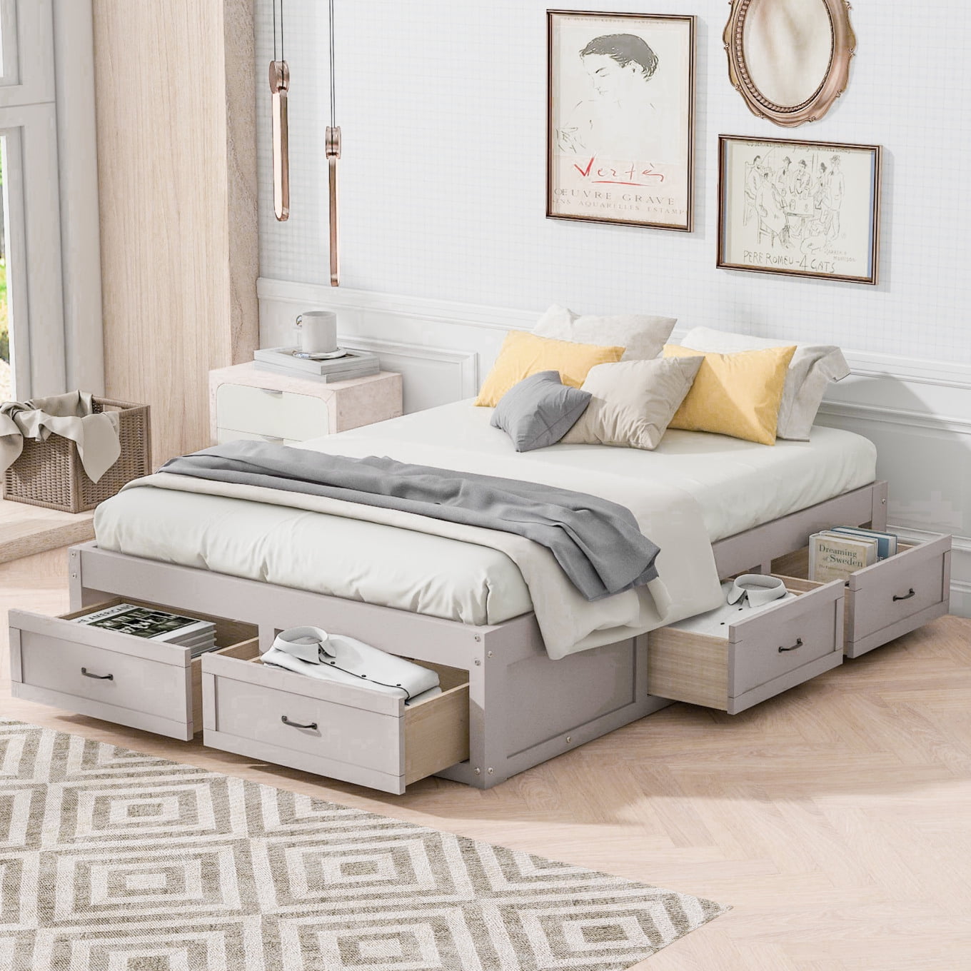 Curated visual reference: Picture Idea: Full Size Platform Bed With 6 Drawers Minimalist Storage Bed
