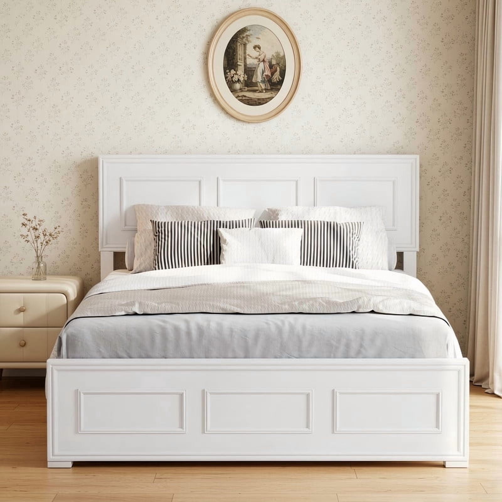 Full Size Platform Bed with Adjustable Height Headboard, Wood Strengthened Bed Frame with Under-Bed Storage Space