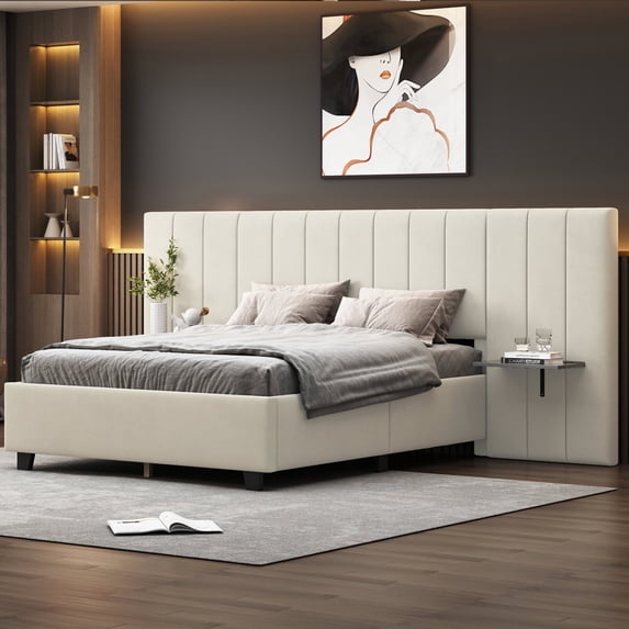 Full Size Platform Bed with Big Headboard, Velvet Upholstered Bed Frame with Wood Slat Support for Boys Girls AdultsBedroom Furniture, No Box Spring Needed, Easy Assembly, Beige