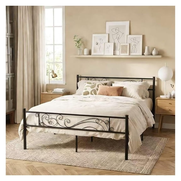Full Size Platform Bed with Flower Design Mattress Foundation Strong Metal Slats Support,Easy Assembly Black