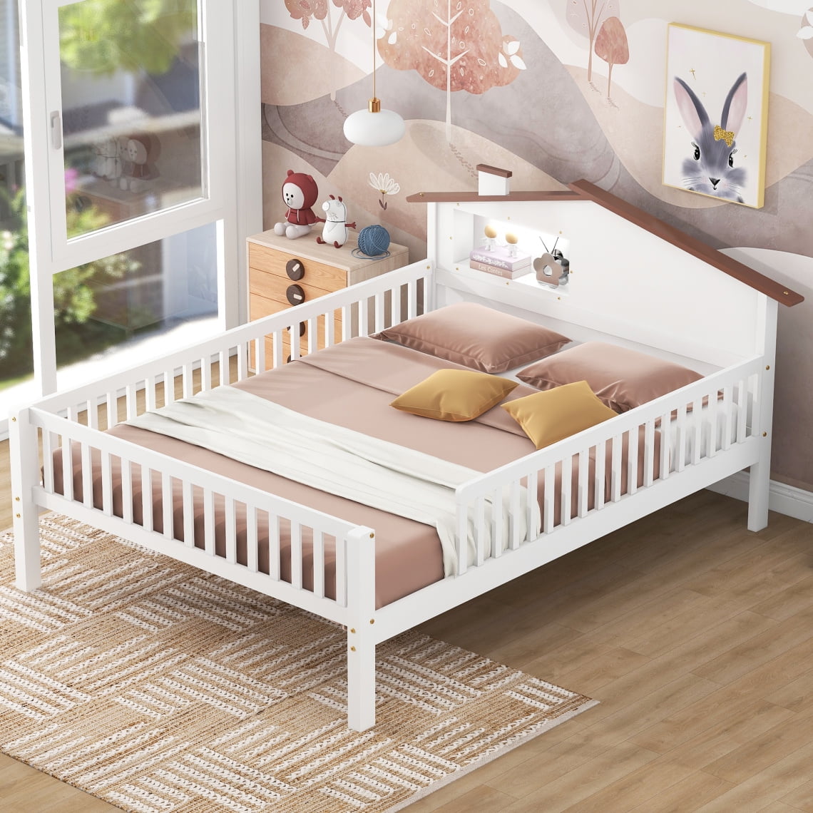 Full Size Platform Bed with House shaped Headboard Wood Bed Frame with LED and Built in Storage Full Bed Frame with Safety Fence White