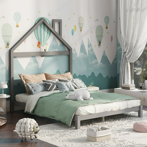 Full Size Platform Bed with House-shaped Headboard, Wooden Bed Frame for Kids and Teens, No Spring Box Needed, Gray