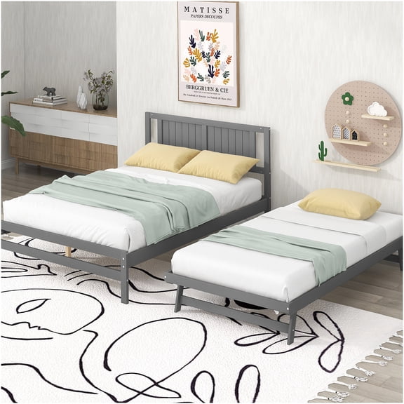 Full Size Platform Bed with Pull-Out Trundle, Gray Space Saving Bed Frame with Headboard