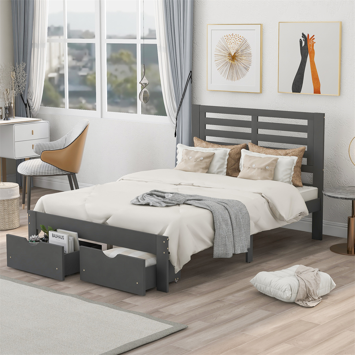 Full Size Platform Bed with Storage Drawers and Headboard, Wood Platform Bed Frame with Wooden Slat Support for Bedroom, Gray