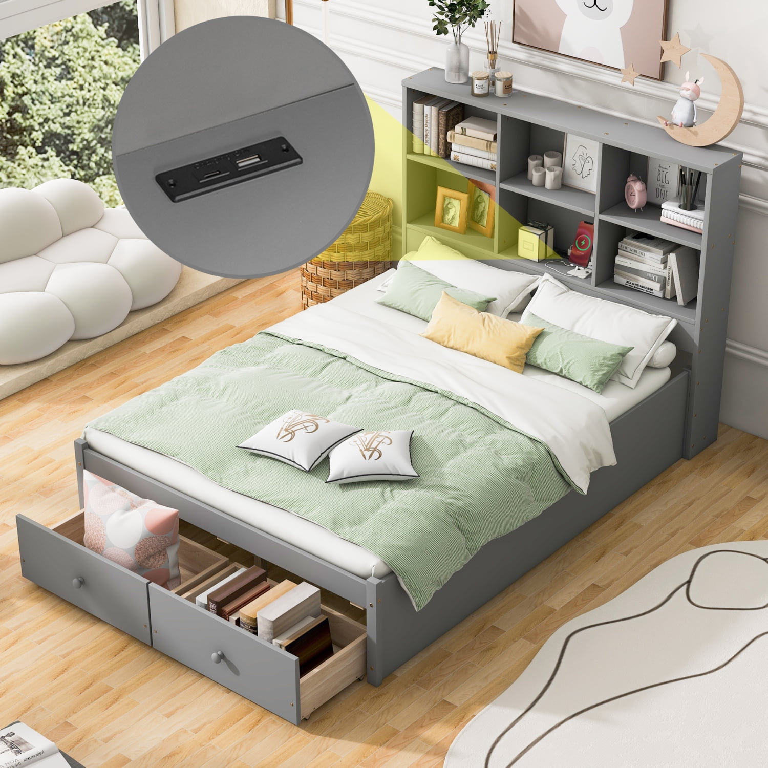Full Size Platform Bed with Storage Headboard, Charging Station and 2