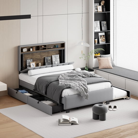 Full Size Platform Bed with Storage Headboard, Trundle & 2 Drawers, Upholstered Wood Bed Frame with Sockets & USB Ports for Bedroom Apartment, Gray
