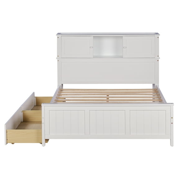Full Size Platform Bed with Storage Headboard and Sliding Door,2 Drawers, White