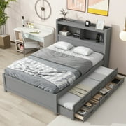 Dawn Whisper Full Size Platform Bed with Trundle, Drawers and USB Plugs, Gray