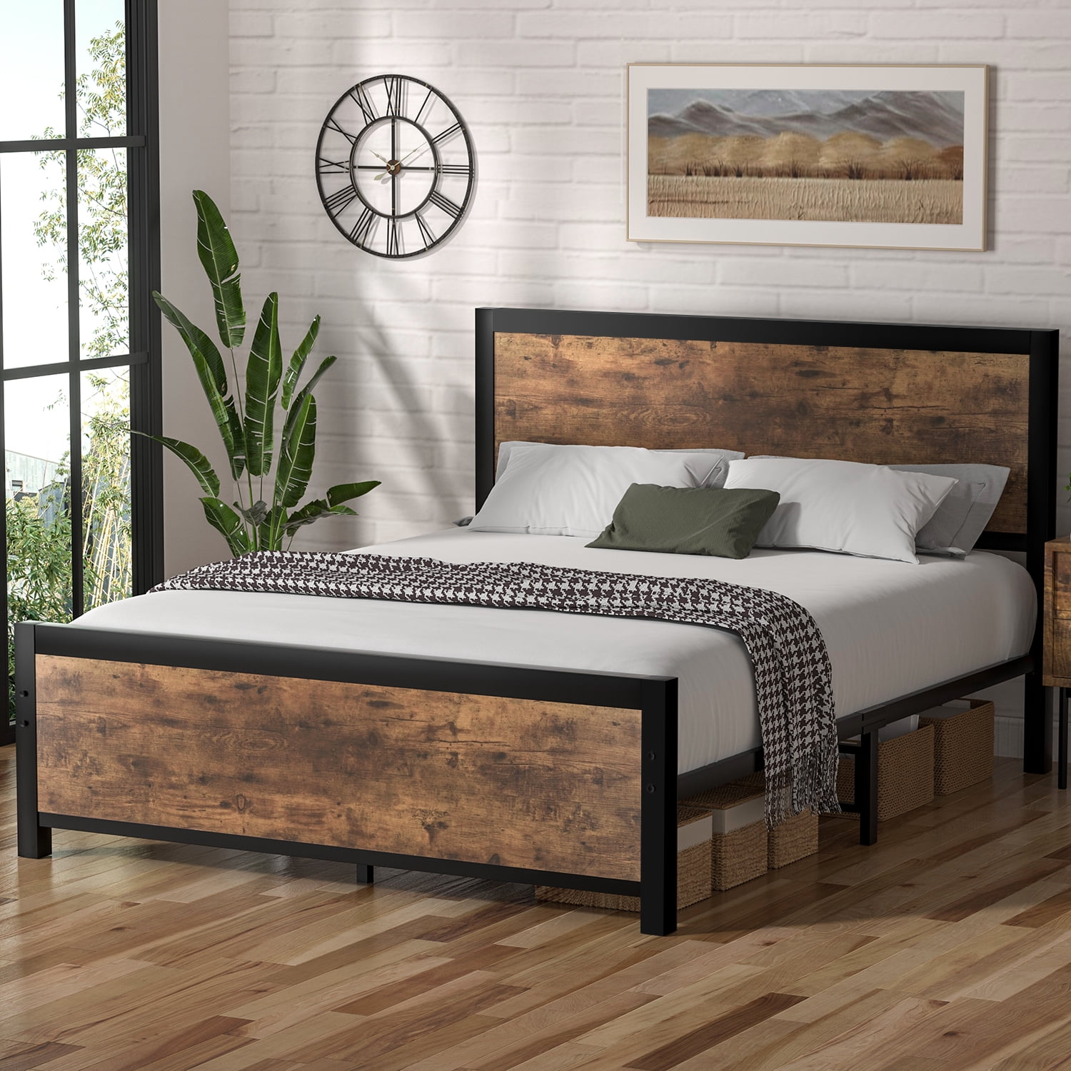 Queen Size Platform Metal Bed Frame with Wooden Headboard and Footboard,  Rustic Country Style Mattress Foundation, Brown