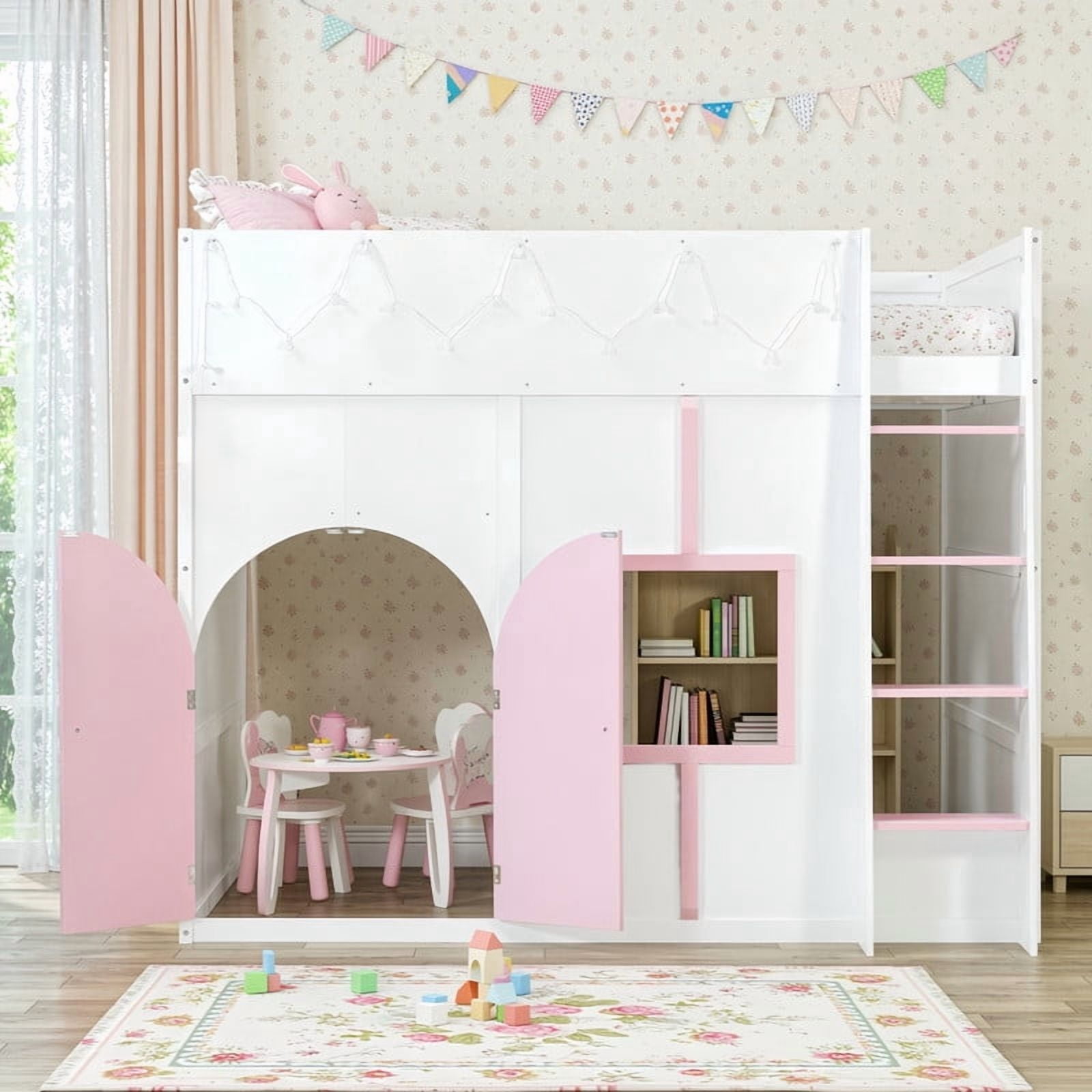 Full Size Playful Child Loft Bed with Doors & Window, Wood Kids House Bed Frame with Light Strip & Built-In Ladder