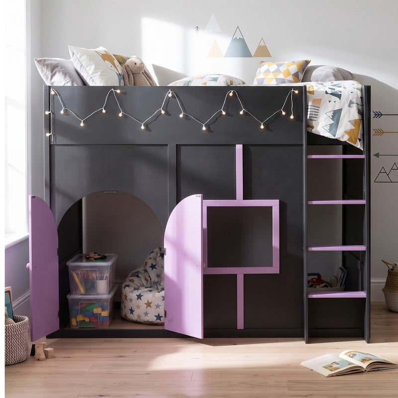 Full Size Playful Child Loft Bed with Doors & Window, Wood Kids House Bed Frame with Light Strip & Built-In Ladder
