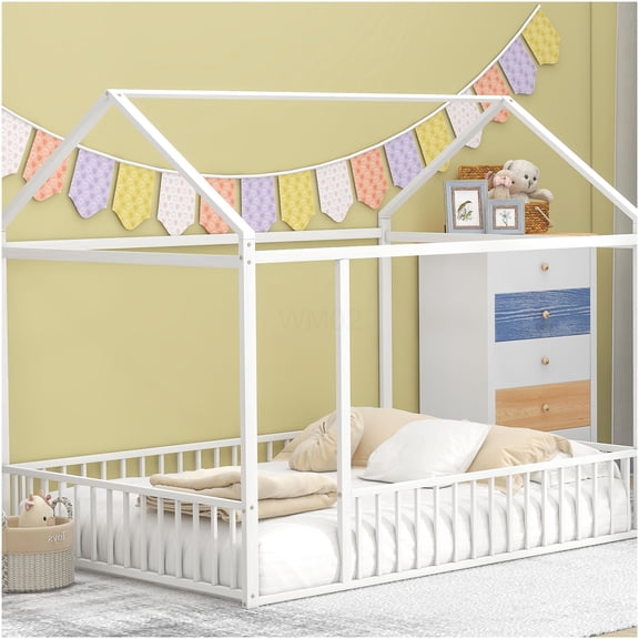 Full Size Playhouse Bed Frame with Roof & Safety Rail, Sturdy Metal Canopy Daybed for Study & Relaxation