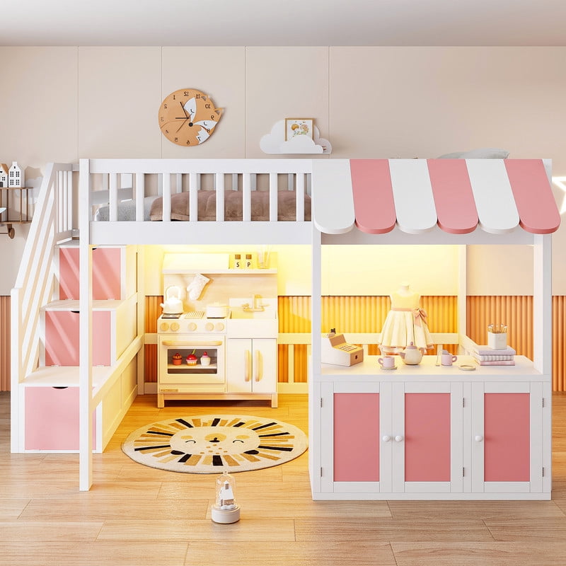 Full Size Playhouse Kids Loft Bed with Eaves Design, Wood Child Bed Frame with Storage Staircase, LED Light & Under Bed Cabinets