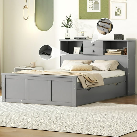 Full Size Pltaform Bed with Trundle and 3 Drawers, Storage Bed with Upper Shelves and USB Ports & Sockets, Wood Bed Frame with Storage Headboard, No Box Spring Needed, Gray
