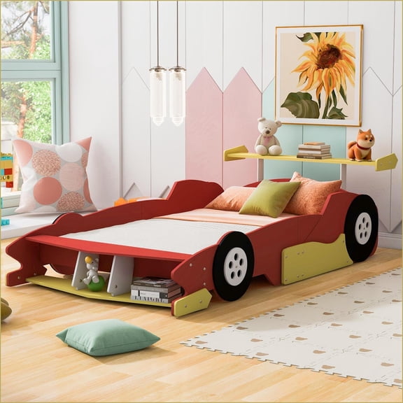 Full Size Plywood MDF Race Car Platform Bed with Wheels Red - No Box Spring Needed