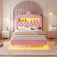 thumbnail image 1 of Full Size Princess Bed Frame with 2-Tier Storage Bookcase, LED Headboard ,Velvet Upholstered Platform Bed Full with Charging Station,Crystal Button & Crown, No Box Spring Needed,Pink, 1 of 9