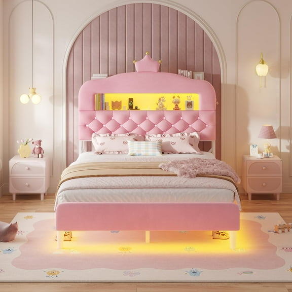 Full Size Princess Bed Frame with 2-Tier Storage Bookcase, LED Headboard ,Velvet Upholstered Platform Bed Full with Charging Station,Crystal Button & Crown, No Box Spring Needed,Pink