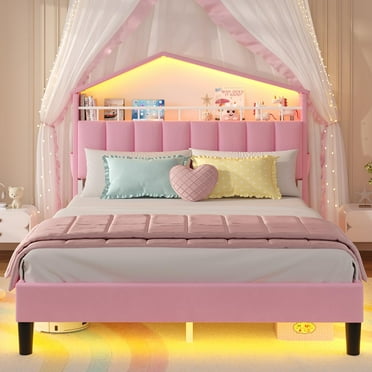 Full Size Bed Frame with LED Lights,House-Shaped Storage Headboard,Velvet Platform Princess  Bed Frame with Charging Station,Solid Wooden Slats,Pink
