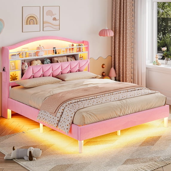 Full Size Princess Bed Frame With Led Lights And Charging Station, Velvet Upholstered Platform Bed With Led Lights Headboard,guardrail,crystal Button, No Box Spring Needed,Pink