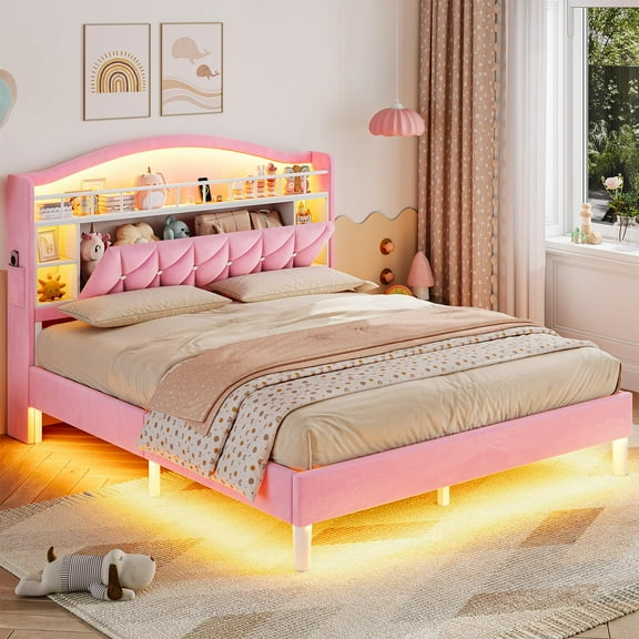 Full Size Princess Bed Frame With Led Lights And Charging Station, Velvet Upholstered Platform Bed With Led Lights Headboard,guardrail,crystal Button, No Box Spring Needed,Pink