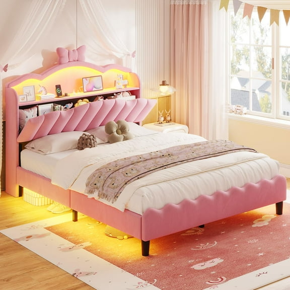 Full Size Princess Bed Frame with Storage Headboard, Velvet Upholstered Platform Bed with LED Light & Charging Station,Bow Accent, No Box Spring Needed, Pink