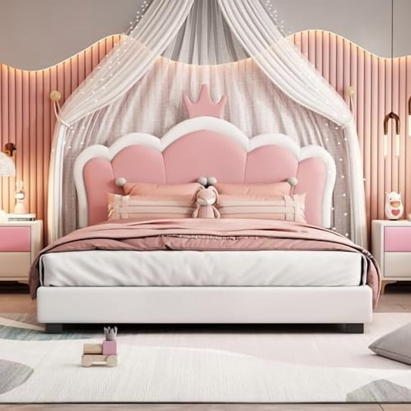 Full Size Princess Bed for Girls, PU Upholstered Full Platform Bed with  Headboard, White+Pink