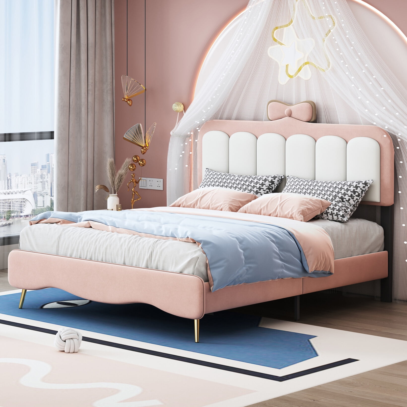Full Size Princess Bed with BowKnot Headboard, Platform Bed with