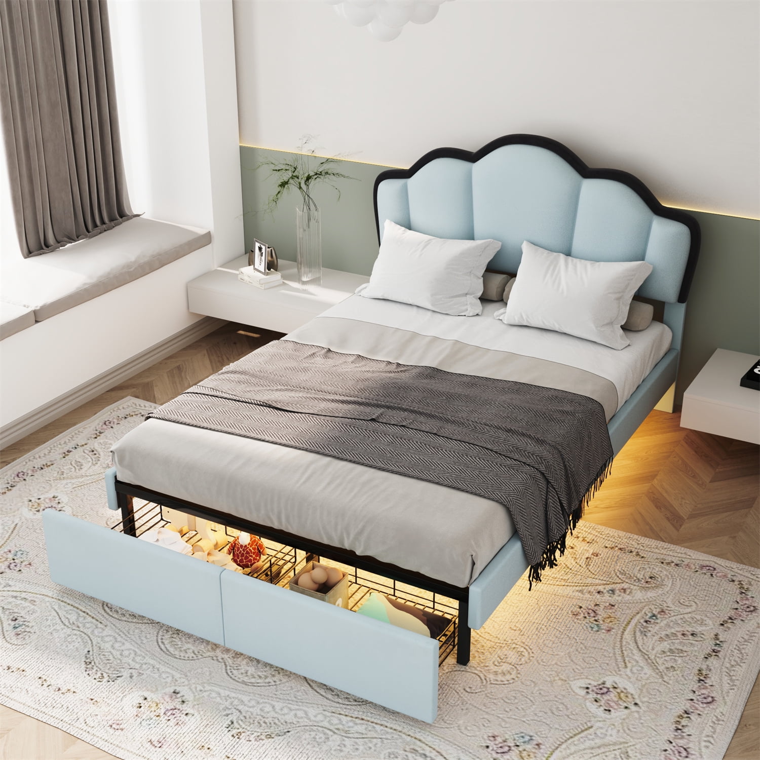 Full Size Princess Platform Bed with LED and 2 Storage Drawers ...