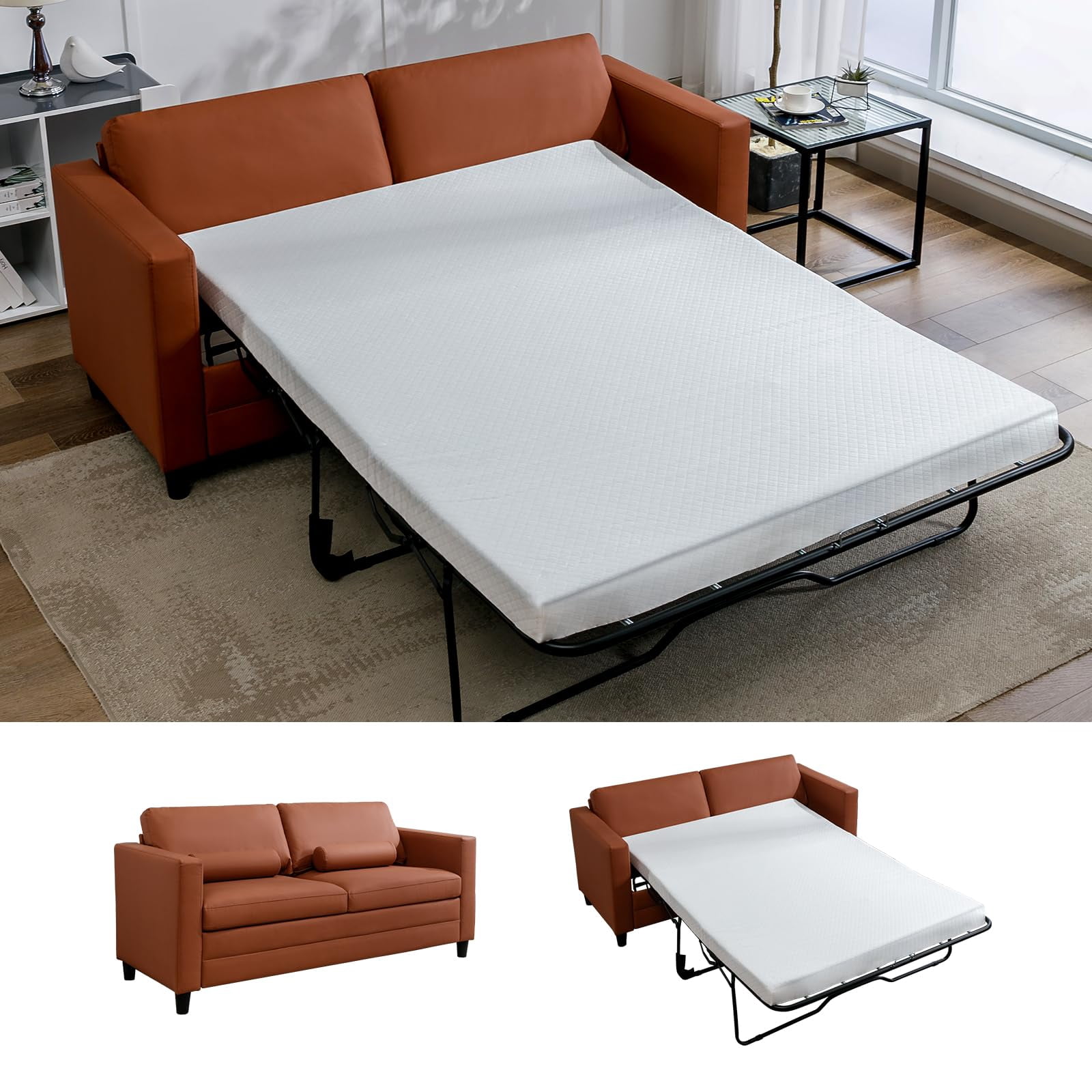 Full Size Pull Out Sofa Bed, Leather 2-in-1 Sleeper Sofas with Foldable ...