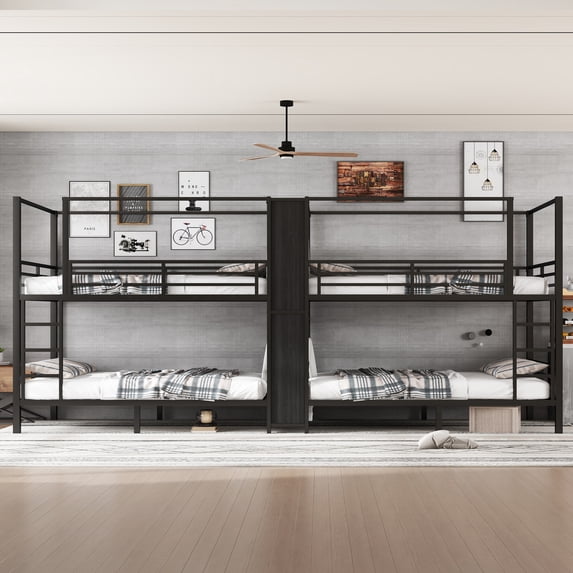 Full-Size Quad Metal Bunk Bed - Black, with Storage & Wardrobe, 4-Sleeper Design, 165"x56", Sturdy, Space-Saving for Dorm, Apartment