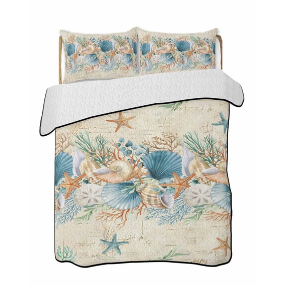 Full Size Quilt Bedding Set, Beach Coastal Beige Reversible Summer Quilt 3 Pieces, Nautical Shell Starfish Coral Summer Lightweight Bedspreads Coverlets with 2 Pillow Shams for All Seasons