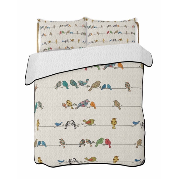 Full Size Quilt Bedding Set, Beige Birds Reversible Summer Quilt 3 Pieces, Funny Cute Snowflake Wire Sparrow Rustic Lightweight Bedspreads Coverlets with 2 Pillow Shams for All Seasons