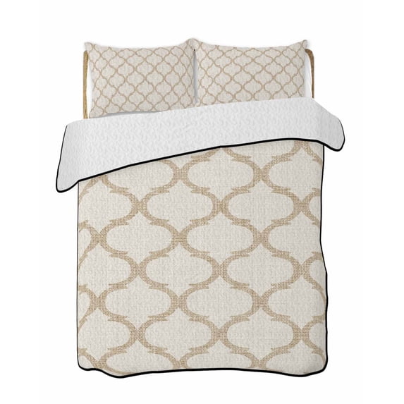 Full Size Quilt Bedding Set, Beige Moroccan Reversible Summer Quilt 3 Pieces, Morocco Geometric Quatrefoil Lattice Lightweight Bedspreads Coverlets with 2 Pillow Shams for All Seasons