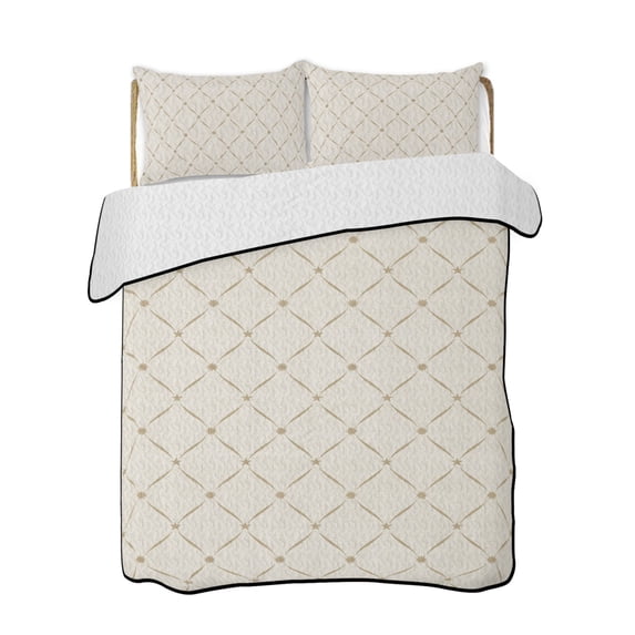 Full Size Quilt Bedding Set, Beige Plaid Reversible Summer Quilt 3 Pieces, Classic Minimalist Abstract Geometric Grid Lightweight Bedspreads Coverlets with 2 Pillow Shams for All Seasons