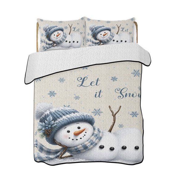 Full Size Quilt Bedding Set, Beige Scarf Snowman Christmas Reversible Summer Quilt 3 Pieces, Winter Xmas Snowflake Lightweight Bedspreads Coverlets with 2 Pillow Shams for All Seasons