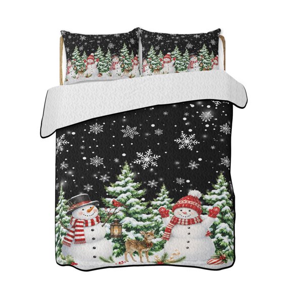 Full Size Quilt Bedding Set, Black Christmas Snowflakes Reversible Summer Quilt 3 Pieces, Winter Xmas Snowman Pine Trees Lightweight Bedspreads Coverlets with 2 Pillow Shams for All Seasons