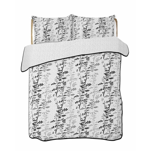 Full Size Quilt Bedding Set, Black Grey Botanical Reversible Summer Quilt 3 Pieces, Spring Floral Summer Farmhouse Lightweight Bedspreads Coverlets with 2 Pillow Shams for All Seasons