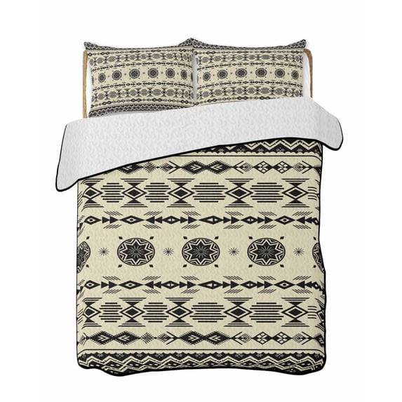Full Size Quilt Bedding Set, Black Khaki Boho Reversible Summer Quilt 3 Pieces, Vintage Ethnic Tribe Abstract Art Retro Lightweight Bedspreads Coverlets with 2 Pillow Shams for All Seasons