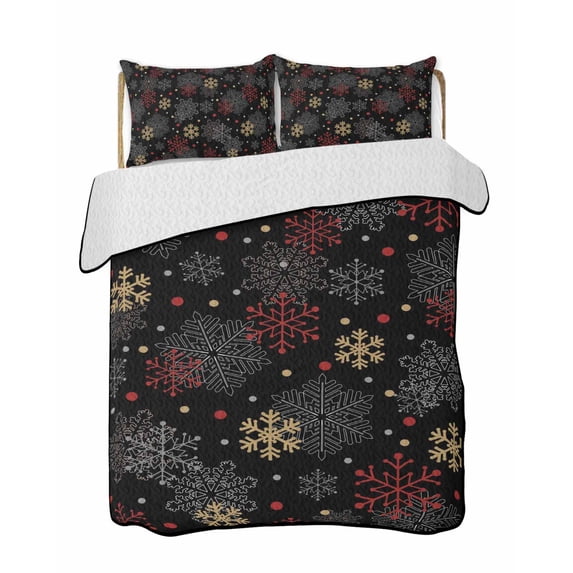 Full Size Quilt Bedding Set, Black Snowflake Christmas Reversible Summer Quilt 3 Pieces, Red Yellow White Snowflake Lightweight Bedspreads Coverlets with 2 Pillow Shams for All Seasons