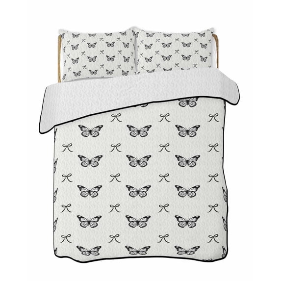 Full Size Quilt Bedding Set, Black Spring Butterfly Reversible Summer Quilt 3 Pieces, Bow Knot Lightweight Bedspreads Coverlets with 2 Pillow Shams for All Seasons
