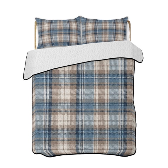 Full Size Quilt Bedding Set, Blue Beige Buffalo Plaid Reversible Summer Quilt 3 Pieces, White Farmhouse Modern Striped Lightweight Bedspreads Coverlets with 2 Pillow Shams for All Seasons
