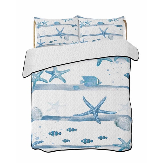 Full Size Quilt Bedding Set, Blue Coastal Starfish Reversible Summer Quilt 3 Pieces, Summer Conch Sea Fish Stripes Lightweight Bedspreads Coverlets with 2 Pillow Shams for All Seasons