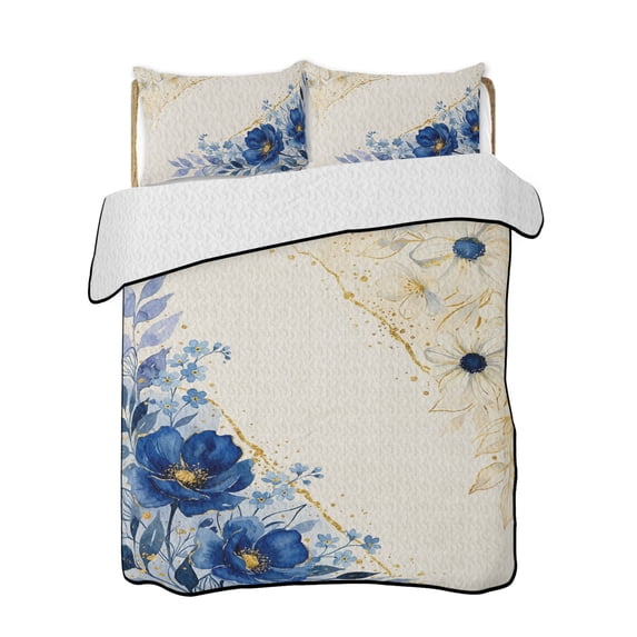 Full Size Quilt Bedding Set, Blue Golden Floral Reversible Summer Quilt 3 Pieces, Summer Flowers Vintage Beige Lightweight Bedspreads Coverlets with 2 Pillow Shams for All Seasons