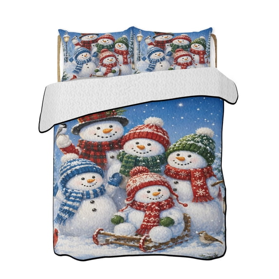 Full Size Quilt Bedding Set, Blue Snowman Christmas Reversible Summer Quilt 3 Pieces, Xmas Tree Snowflake Winter Birds Lightweight Bedspreads Coverlets with 2 Pillow Shams for All Seasons