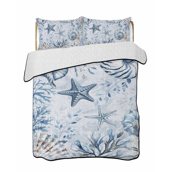 Full Size Quilt Bedding Set, Blue Starfish Coastal Reversible Summer Quilt 3 Pieces, Seaside Summer Ocean Shell Conch Lightweight Bedspreads Coverlets with 2 Pillow Shams for All Seasons
