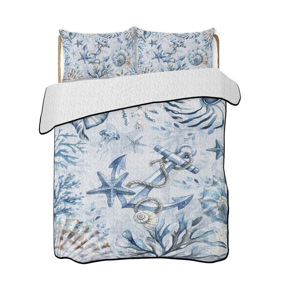 Full Size Quilt Bedding Set, Blue Starfish Coastal Reversible Summer Quilt 3 Pieces, Summer Beach Coral Conch Shell Lightweight Bedspreads Coverlets with 2 Pillow Shams for All Seasons