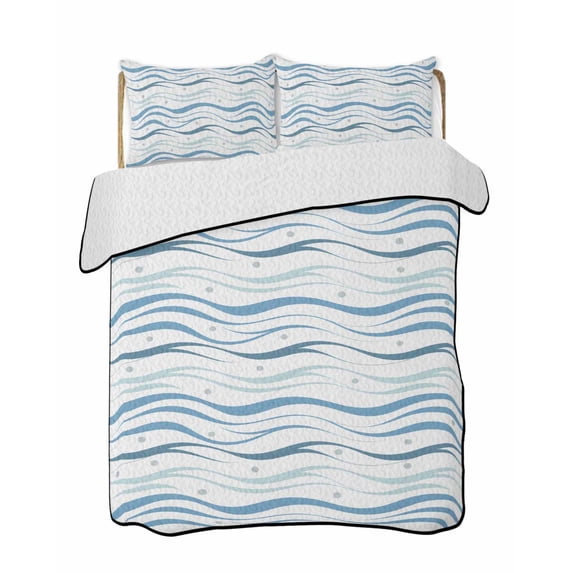 Full Size Quilt Bedding Set, Blue Stripes Reversible Summer Quilt 3 Pieces, Modern Gradient Abstract Ocean Waves Lines Lightweight Bedspreads Coverlets with 2 Pillow Shams for All Seasons