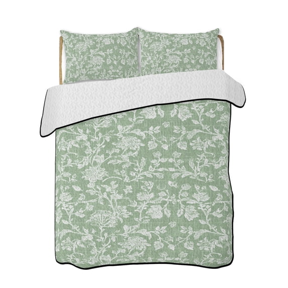 Full Size Quilt Bedding Set, Botanical Rose Reversible Summer Quilt 3 Pieces, Vintage Sage Green Floral Leaf Summer Farmhouse Lightweight Bedspreads Coverlets with 2 Pillow Shams for All Seasons